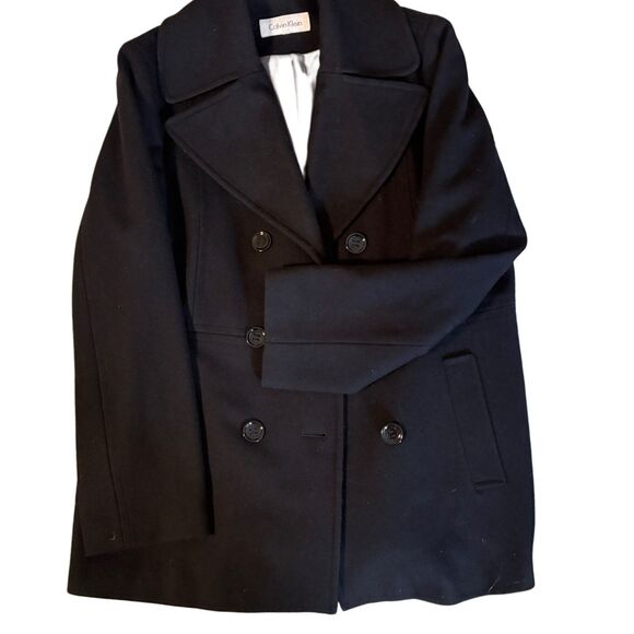 Calvin Klein Black Wool Blend Pea Coat Double Breasted Classic Tailored Jacket - Picture 4 of 9